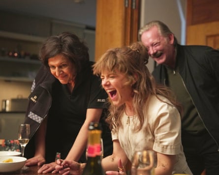 Meera Syal as Rita, Aimée-Ffion Edwards as Emily and Douglas Henshall as Steve in The Revenge Club.