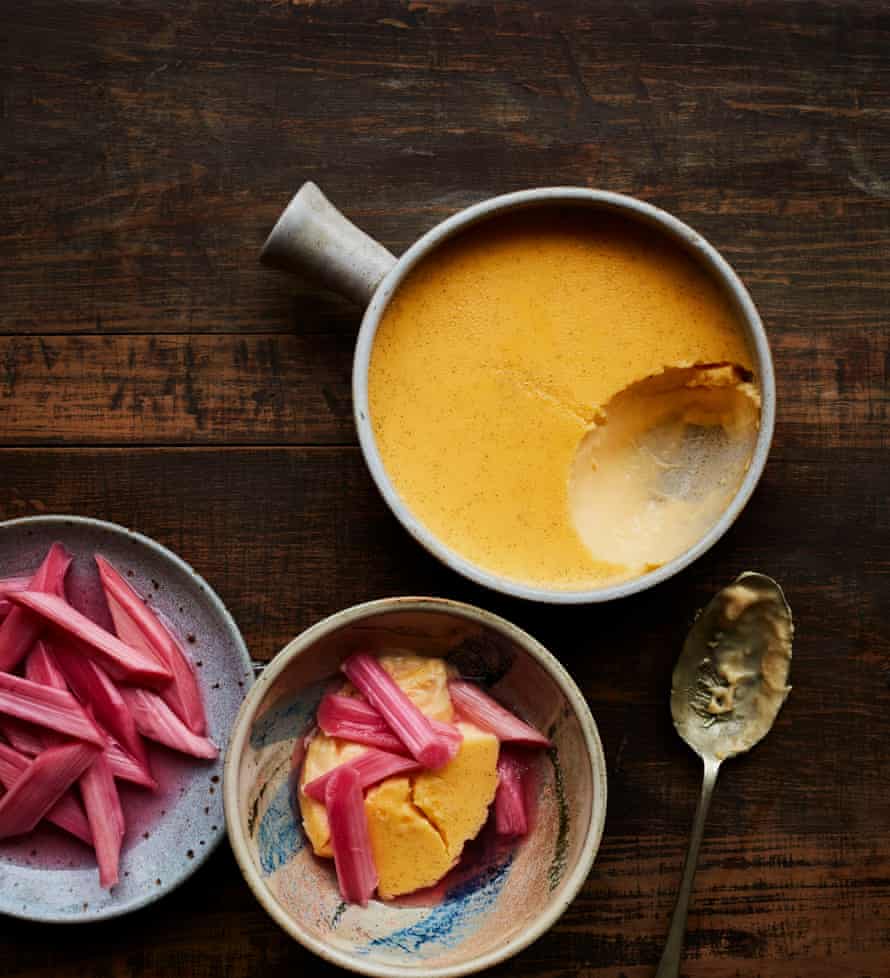 Ravneet Gill’s baked custard with roast rhubarb.