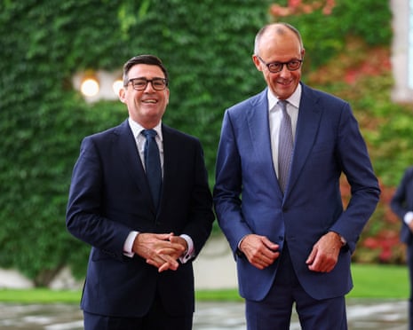 German chancellor Friedrich Merz welcomes British prime minister Andy Burnham with military honours at the Chancellery in Berlin, Germany.