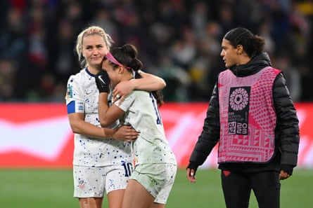 Sophia Smith is consoled by Lindsey Horan after the USA went out of the World Cup.