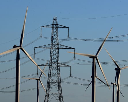 Wind turbines and an electricity pylon