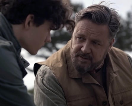Levi Miller and Russell Crowe in Kraven the Hunter.