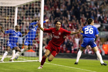 Luis García celebrates his (in)famous goal against Chelsea in the semi-finals of the Champions League in 2005