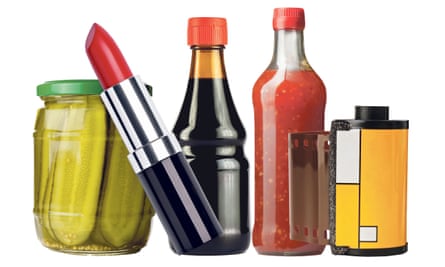 Fridge door products: pickles, lipstick, soy sauce, sweet chilli sauce, 35mm film