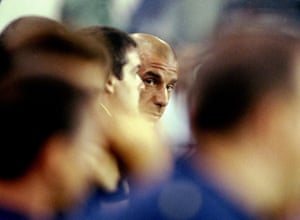 Gianluca Vialli watches from the bench as his Chelsea side take on Atlético Madrid in a pre-season friendly in 1998