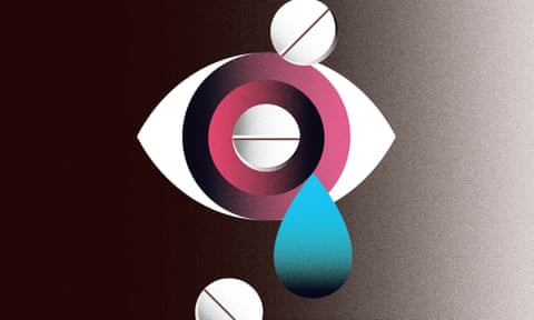 euthanasia illustration: eye, tear, pills