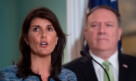 Nikki Haley and Mike Pompeo. Rights groups accused the US of withdrawing from its global obligations to protect human rights.