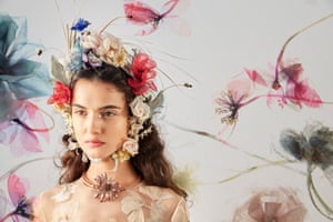 “This flower garland from Maria Grazia’s first Haute Couture collection for the house of Dior, was inspired by a picturesque English hedgerow, with every detail, even butterflies and bees.” Brise de mémoires design; Christian Dior by Maria Grazia Chiuri, Spring-Summer 2017.