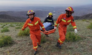 Rescue workers at the site of the accident where extreme cold killed participants of a 100km ultramarathon race in Gansu province, China, on 22 May 22 2021