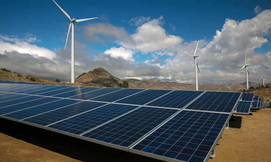 A wind farm and solar power plant in California’s Tehachapi Mountains.