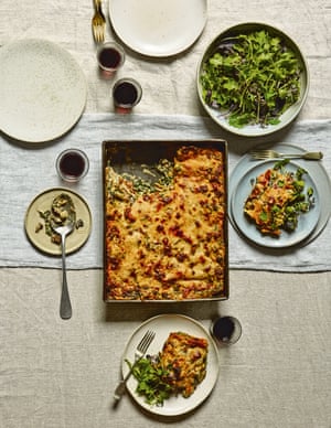 Mushroom and roast kale lasagne: drizzle with truffle oil, if you like, and serve with more parmesan and some green salad.