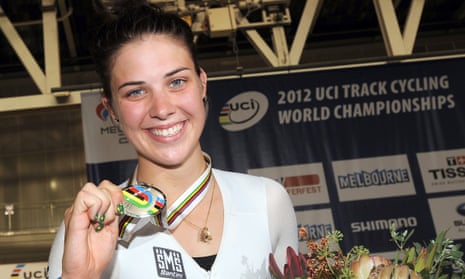 Melissa Dennis celebrating her silver medal at the 2012 UCI Track Cycling World Championships in Melbourne.