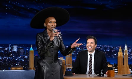 The Long Wave: Unearthing the real story of Black voters at the US election Cynthia Erivo in witchy attire stands and holds a microphone as Jimmy Fallon looks on, smiling broadly.