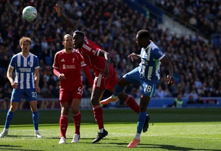 Danny Welbeck scores Brighton’s first goal against Liverpool