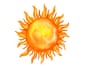 Watercolour illustration of a sun in yellow and orange, with flame-like rays