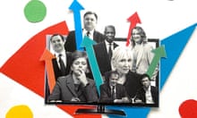 Illustration with colourful arrows representing the main political parties and black and white images of political and media figures including George Osborne, Clive Myrie and Nicola Sturgeon