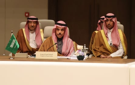 Saudi foreign minister Prince Faisal bin Farhan (C) participates in the consultative ministerial meeting on the regional developments in Riyadh, Saudi Arabia, on Thursday.
