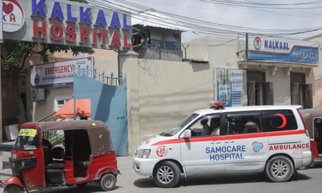 An ambulance carrying an unidentified wounded person drives into the Kalkaal hospital