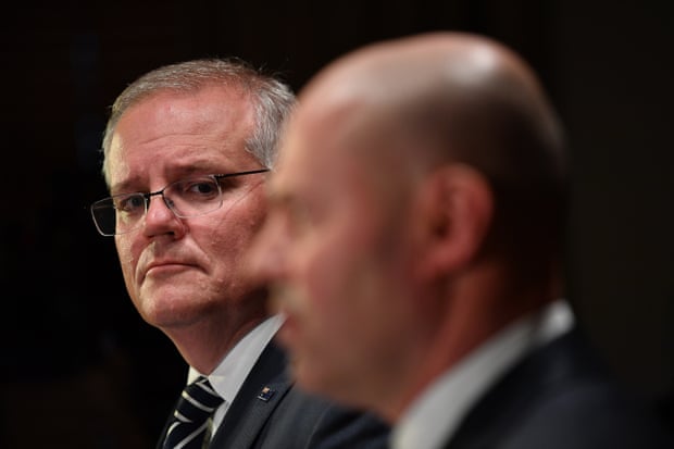 Scott Morrison and treasurer Josh Frydenberg, who was unaware he was sharing his ministry with the prime minister.