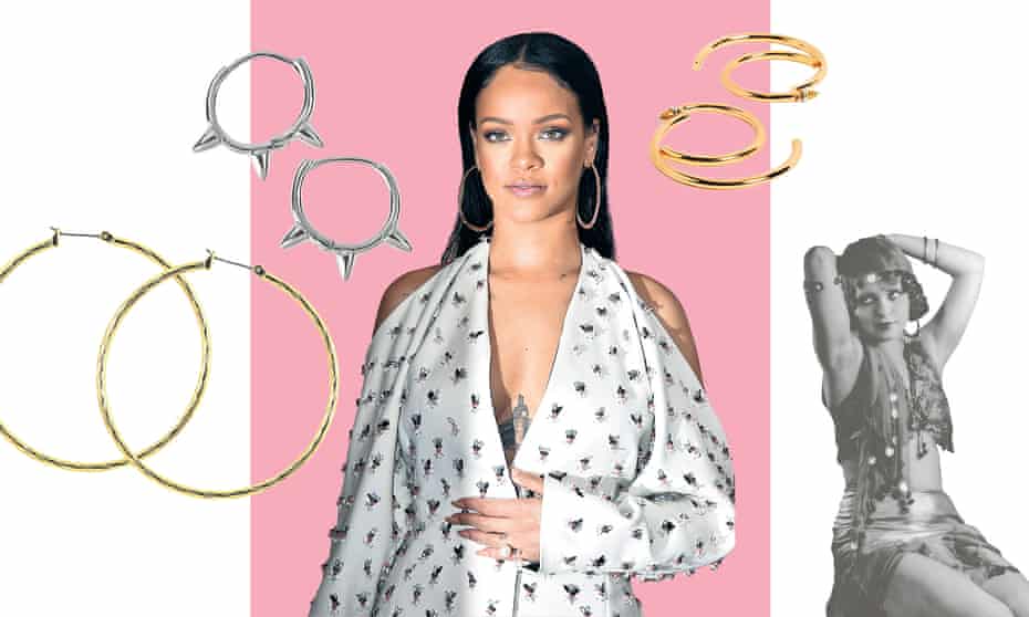 Left to right: Anne Klein diamond-cut large hoop earrings, Argos £24.99; Mini spike hoops, £8.50, Topshop; Rihanna; spiral statement earrings, £14, Urban Outfitters; and Clara Bow.