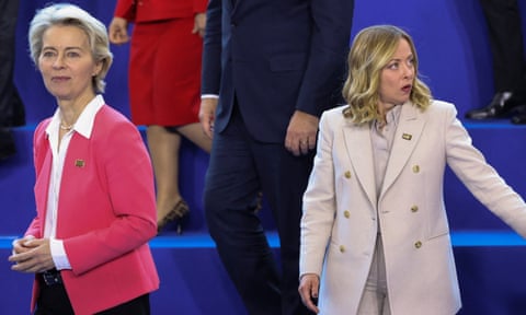 Ursula von der Leyen walking away from Giorgia Meloni