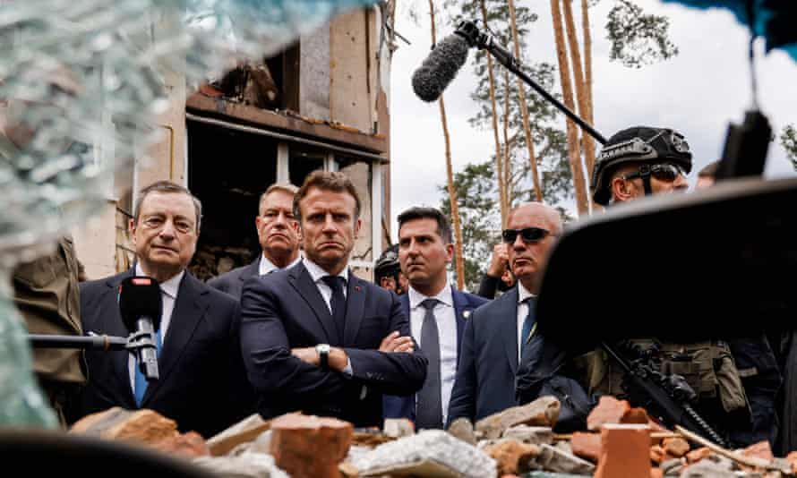 Mario Draghi (left) and Emmanuel Macron pictured on the visit to Irpin in Ukraine.