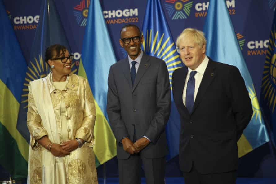 Commonwealth secretary general Patricia Scotland, Rwanda’s President Paul Kagame, and Britain’s Prime Minister Boris Johnson gathering for a group photograph at the Commonwealth Heads of Government Meeting (CHOGM) opening ceremony in Kigali, Rwanda.
