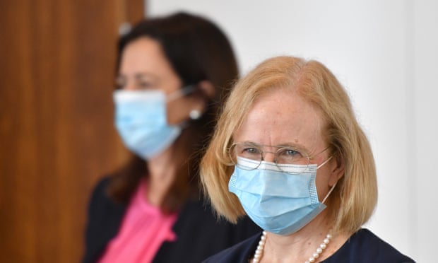 Queensland premier Annastacia Palaszczuk (left) and chief health officer Dr Jeannette Young (right) at a press conference in Brisbane on Thursday. Concerns over the more contagious UK variant of coronavirus has prompted the premier to consider using mining camps to quarantine returned travellers. 