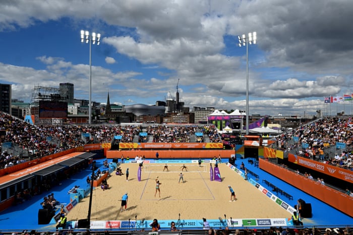 Australia go up against Scotland in the beach volleyball, under the shadow of the Bull Ring.