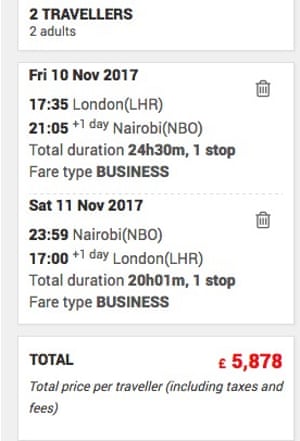 Two last-minute business returns flights to Nairobi