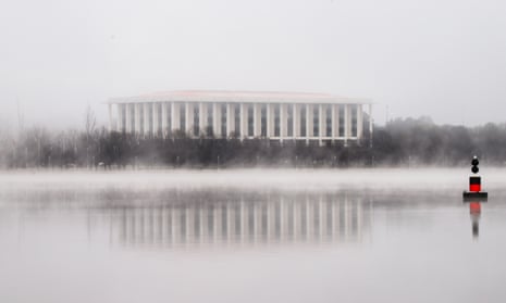 National Library of Australia seen across the lake in thick fog