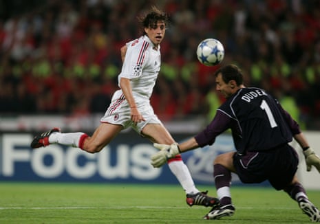 Hernán Crespo scoring in the Champions League final for Milan against Liverpool.
