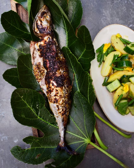 Grilled to a crisp: thyme and mustard mackerel, potato, cucumber and lemon salad.