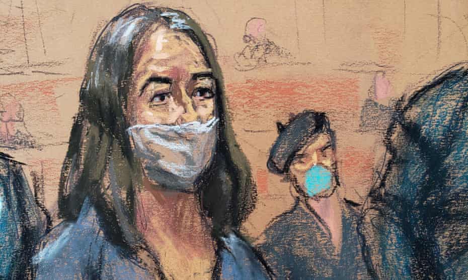 A courtroom sketch shows Ghislaine Maxwell during her arraignment hearing on a new indictment at Manhattan federal court in New York City, 23 April 2021.