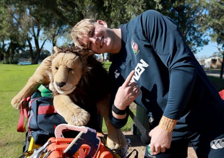 Henry Pollock smiles with the British & Irish Lions mascot