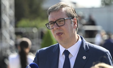 Serbia’s president, Aleksandar Vučić, speaks to journalists at the summit in Moldova