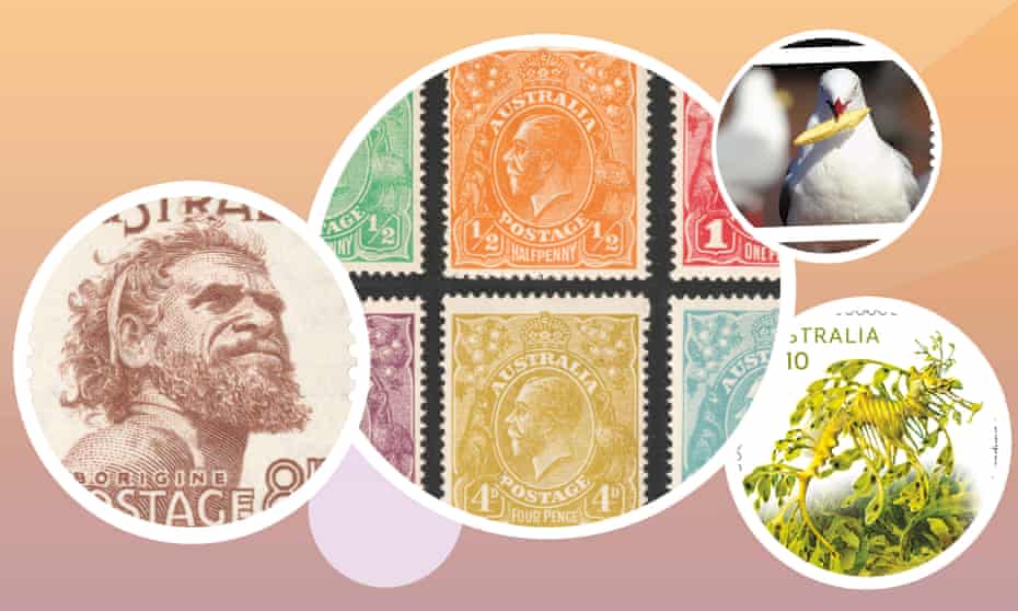 Standout stamps (l-r): Gwoya Tjungurrayi, King George V, the ‘Lunch on the Harbour’ seagull stamp, and a leafy seadragon.