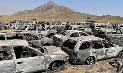 The burnt-out remains of cars, minibuses and armoured vehicles at the CIA secret base. 