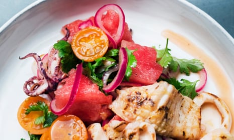 Squids in: grilled squid and watermelon.