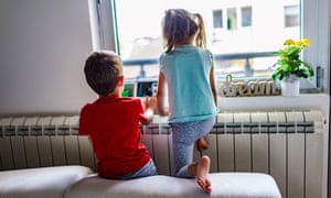 Small kids talking on digital tablet during COVID-19 isolation. Social teleconferencing.