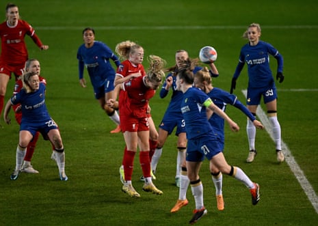 Gemma Bonner heads home Liverpool’s fourth goal against Chelsea to put the home side ahead during injury time.