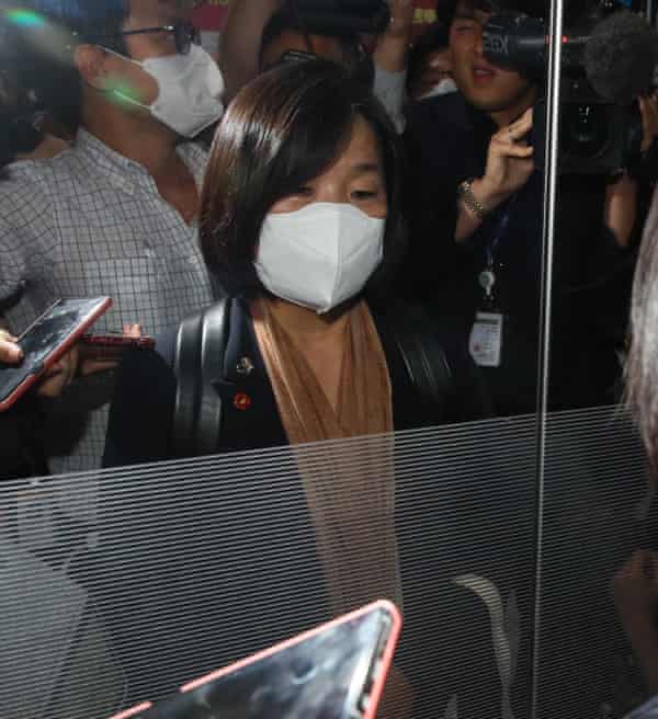Ruling Democratic Party lawmaker Yoon Mee-hyang is surrounded by reporters as she leaves the National Assembly in Seoul, South Korea, 01 June 2020.