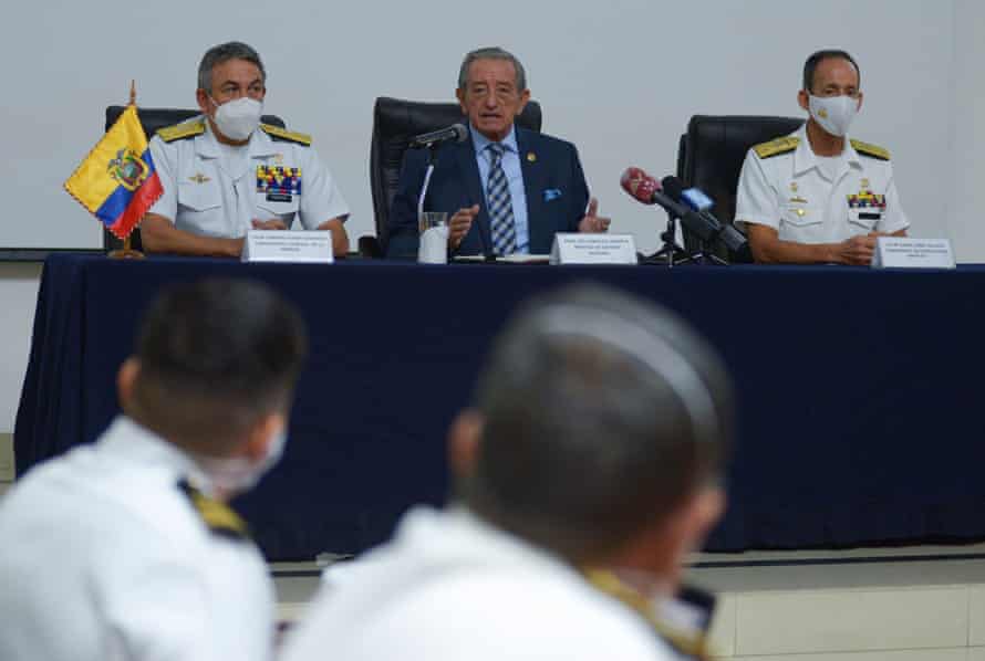 Ecuadorian Defense Minister Oswaldo Jarrin, surrounded by navy admirals, at a press conference in the port city of Guayaquil about the Chinese fleet operating near the Galapagos Islands.