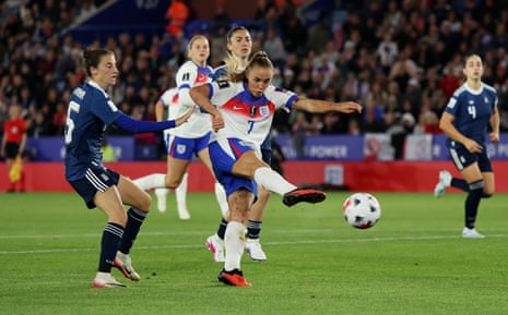 England's Georgia Stanway fires the ball into the net before the goal is disallowed.