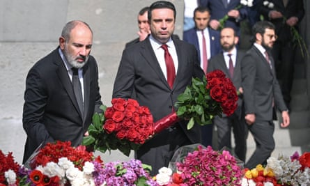 Nikol Pashinyan lays a bunch of flowers at the Armenian genocide memorial in Yerevan.