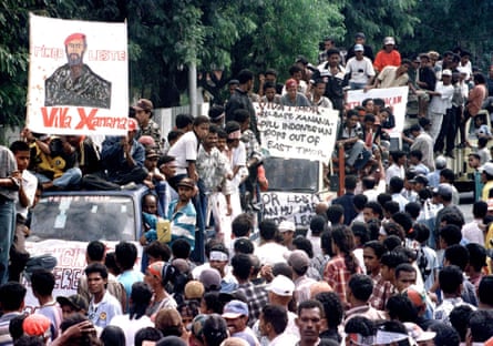People in Timor-Leste display anti-Indonesia banners as they take to the streets in 1998
