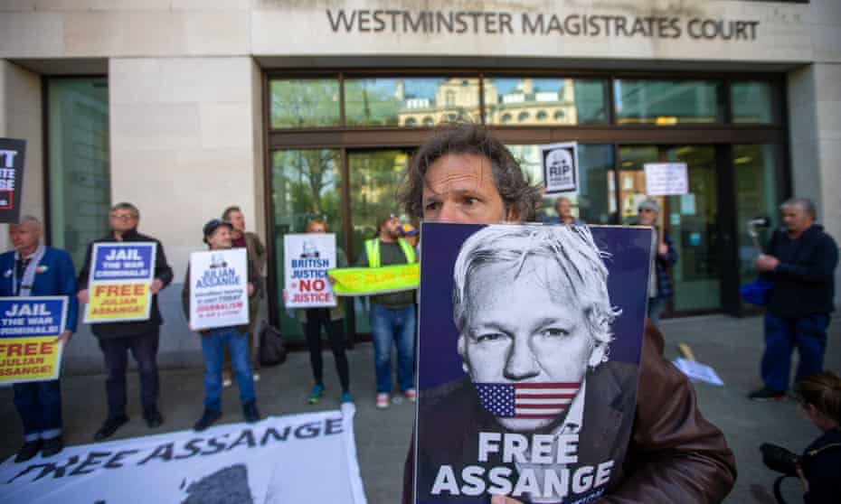 A Julian Assange supporter outside Westminster magistrates’ court where an extradition order was made on 20 April.