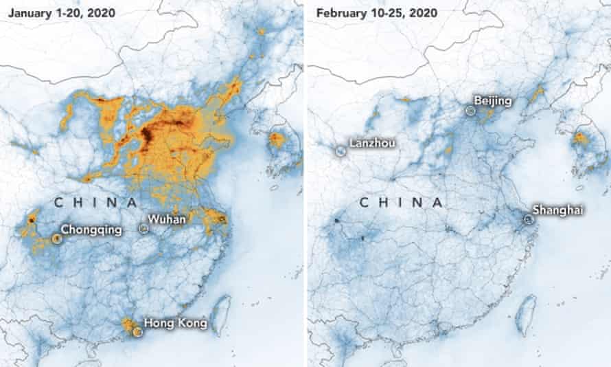 The dramatic fall in concentrations of nitrogen dioxide over China between 1 January and 25 February is related to the coronavirus quarantine, Chinese New Year and an overall economic slowdown.