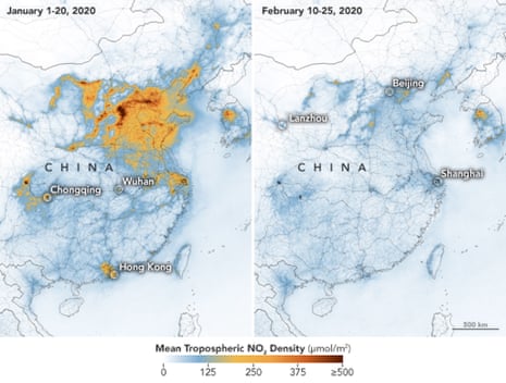 Nasa maps showing the concentrations of nitrogen dioxide (NO2) over China between January and February