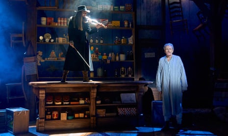 Sleepy script … Corey Wickens as the spirit of Christmas Future and Robert Bathurst as Scrooge in Dolly Parton’s Smoky Mountain Christmas Carol .